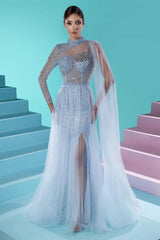 Fabulous Long A-line High Neck Long Sleeve Beaded Prom Dress with Graceful Slit