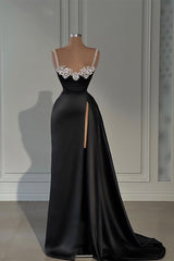 Fabulous Long Black A-line Straps Dress with Crystal Sleeveless and Slit