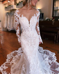 Fabulous Long Mermaid Backless V-neck Lace Wedding Gown With Detachable Train