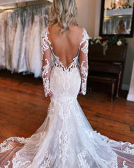 Fabulous Long Mermaid Backless V-neck Lace Wedding Gown With Detachable Train