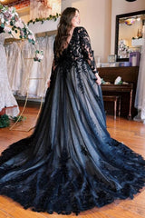 Fabulous Long Floor-Length A-Line Split Front Long Sleeves V-Neck Prom Dresses with Appliques