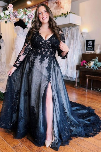 Fabulous Long Floor-Length A-Line Split Front Long Sleeves V-Neck Prom Dresses with Appliques