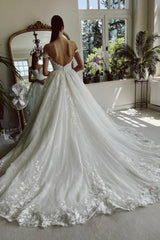 Sweetheart Long A-Line Off-The-Shoulder Tulle Appliques Wedding Dresses with Lace