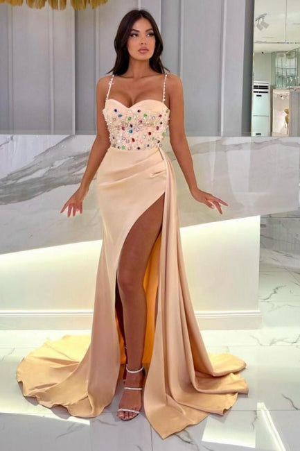 Designer Long Floor-Length Champagne Stain Beadings Spaghetti Straps Prom Dresses with Slit