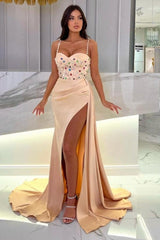 Designer Long Floor-Length Champagne Stain Beadings Spaghetti Straps Prom Dresses with Slit