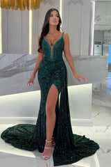Gorgeous Long Floor-Length Dark Green Straps Column Split Front Prom Dresses with Sequins