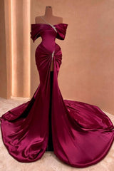 Glamorous Long Floor-Length Mermaid Off-The-Shoulder Split Front Stain Prom Dresses with Beads