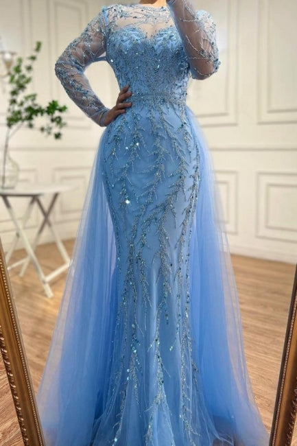 Glamorous Floor-Length Mermaid Tulle Long Sleeves Beading Ocean Blue Prom Dresses with Appliques
