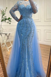 Glamorous Floor-Length Mermaid Tulle Long Sleeves Beading Ocean Blue Prom Dresses with Appliques