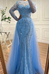 Glamorous Floor-Length Mermaid Tulle Long Sleeves Beading Ocean Blue Prom Dresses with Appliques