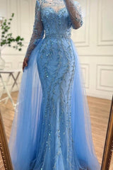 Glamorous Floor-Length Mermaid Tulle Long Sleeves Beading Ocean Blue Prom Dresses with Appliques