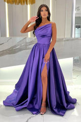 Fabulous Long Floor-Length A-Line One Shoulder Stain Split Front Sleeveless Prom Dresses with Ruffles