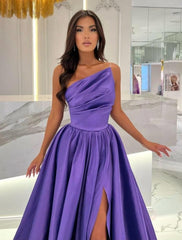Fabulous Long Floor-Length A-Line One Shoulder Stain Split Front Sleeveless Prom Dresses with Ruffles