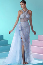 Glamorous Long Blue Mermaid Beaded Sleeveless Tulle Prom Dress with Eye-catching Slit