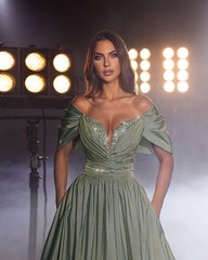 Glamorous Long Dusty Sage A-line Off-the-Shoulder Evening Dress with Beading and Sequins