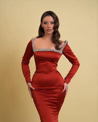Glamorous Long Mermaid Dress With Square Neck And Long Sleeves Embellished With Rhinestones