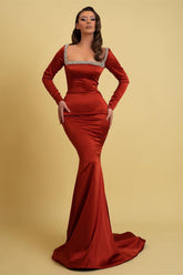 Glamorous Long Mermaid Dress With Square Neck And Long Sleeves Embellished With Rhinestones