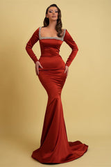 Glamorous Long Mermaid Dress With Square Neck And Long Sleeves Embellished With Rhinestones