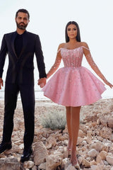 Glamorous Short Pink Cocktail Dress Off-the-shoulder Glittery Prom Dress with Lace Details