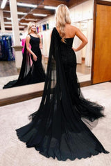Gorgeous Long Black One Shoulder Mermaid Glitter Prom Dress with Lace Accents