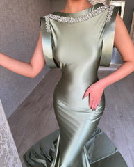 Gorgeous Long Dusty Sage Mermaid Dress Sleeveless Satin With Rhinestone Embellishments