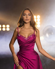 Gorgeous Long Fuchsia Strap Beaded Sleeveless Evening Dress with Pleats and Slit