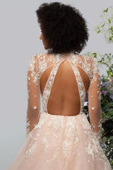 Elegant High neck Lace Long sleeves Wedding Dress with Appliques