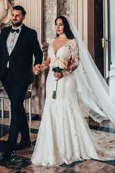 Charming A-Line Long Sleeve V-Neck Stain Wedding Dresses with Lace Ruffles