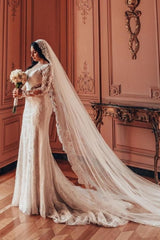 Charming A-Line Long Sleeve V-Neck Stain Wedding Dresses with Lace Ruffles
