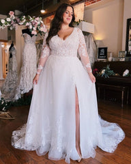 A-Line V-Neck Long Sleeves Plus Size Chiffon Wedding Dress