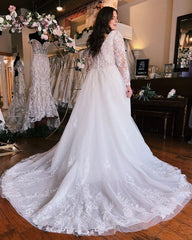 A-Line V-Neck Long Sleeves Plus Size Chiffon Wedding Dress
