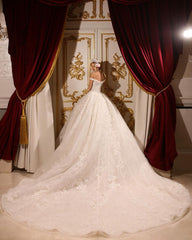 Opulent A-line Floor-Length Off-the-shoulder Embellished Beaded Wedding Gown with Train