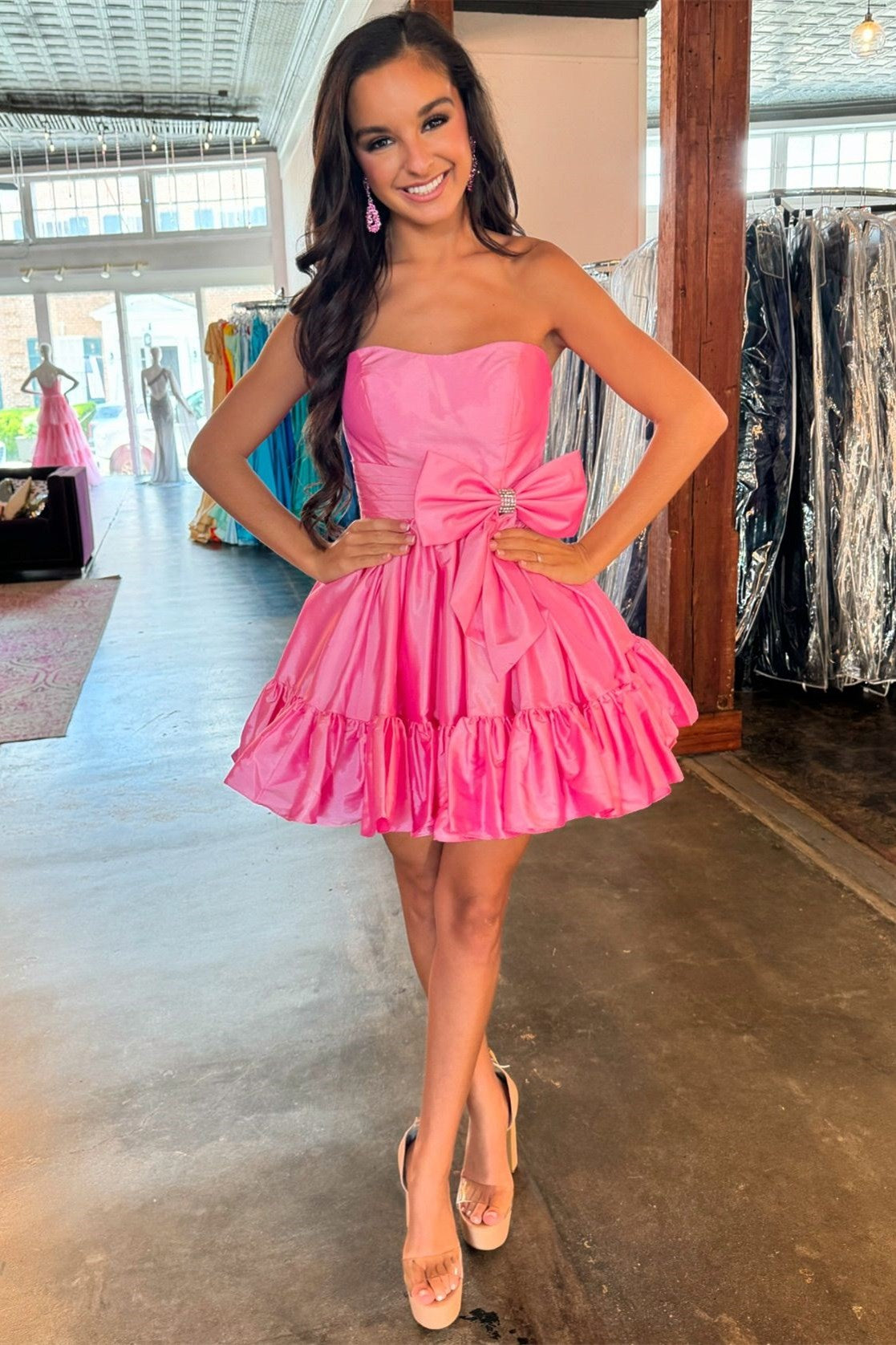 Pink Strapless Ruffled Homecoming Dress with Bow Newinlook Pink Strapless Ruffled Homecoming Dress with Bow Newinlook