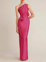 One-Shoulder Sleeveless Satin Wedding Guest Dress with Bow(s) and Pocket