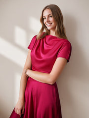 Elegant Knee-Length Wedding Guest Dress with Ruched Detail A-Line/Princess Cut Scoop Neck and Short Sleeves