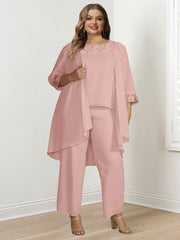 Elegant Plus Size Mother of the Bride Chiffon Pantsuit with Long Sleeves and Jacket