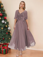 Elegant V-Neck A-Line Princess Tea-Length Dresses for the Mother of the Bride