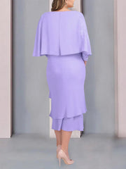 Tea-Length Mother of the Bride Dress with Scoop Neck Short Sleeves and Appliqued Lace