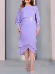 Tea-Length Mother of the Bride Dress with Scoop Neck Short Sleeves and Appliqued Lace