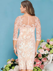 Plus Size Knee-Length Mother of the Bride Dress with Lace Beading Appliques and Long Sleeves