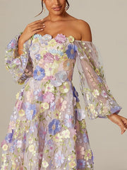 Princess A-Line Tea-Length Mother of the Bride Dress with Square Neck and Long Sleeves Featuring Appliques