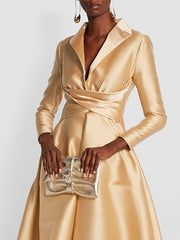 Floor-length V-Neck Evening Gowns with Long Sleeves in A-Line/Princess Cut