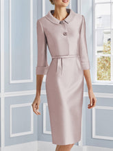 Knee-Length Satin Two-Piece Mother of the Bride Dress with Pearls and Jewel Neckline