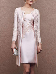 2 Knee-Length Satin Lace Sheath Dresses for Mothers of the Bride Sleeveless with Appliques