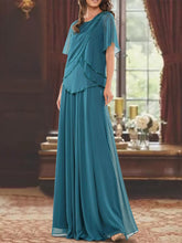 Princess A-Line Floor-Length Mother of the Bride Dress with Jewel Neck Short Sleeves Pleats & Beading