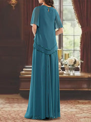 Princess A-Line Floor-Length Mother of the Bride Dress with Jewel Neck Short Sleeves Pleats & Beading
