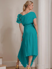 One-Shoulder A-Line Princess Dress with Short Sleeves and Ruffles Ankle-Length for the Mother of the Bride