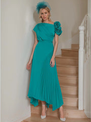 One-Shoulder A-Line Princess Dress with Short Sleeves and Ruffles Ankle-Length for the Mother of the Bride