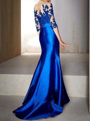 Trumpet Jewel Neck Half-Sleeve Floor-Length Mermaid Mother of the Bride Dress With Appliques & Bow(s)