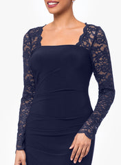 Floor-Length Square Neck Jersey Gown with Long Sleeves and Lace